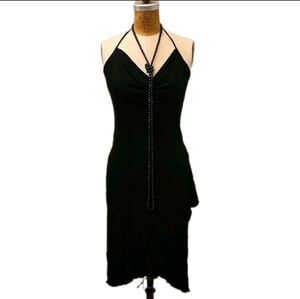 Black Asymmetrical Halter, Cowl Neck Knit Jersey Dress S